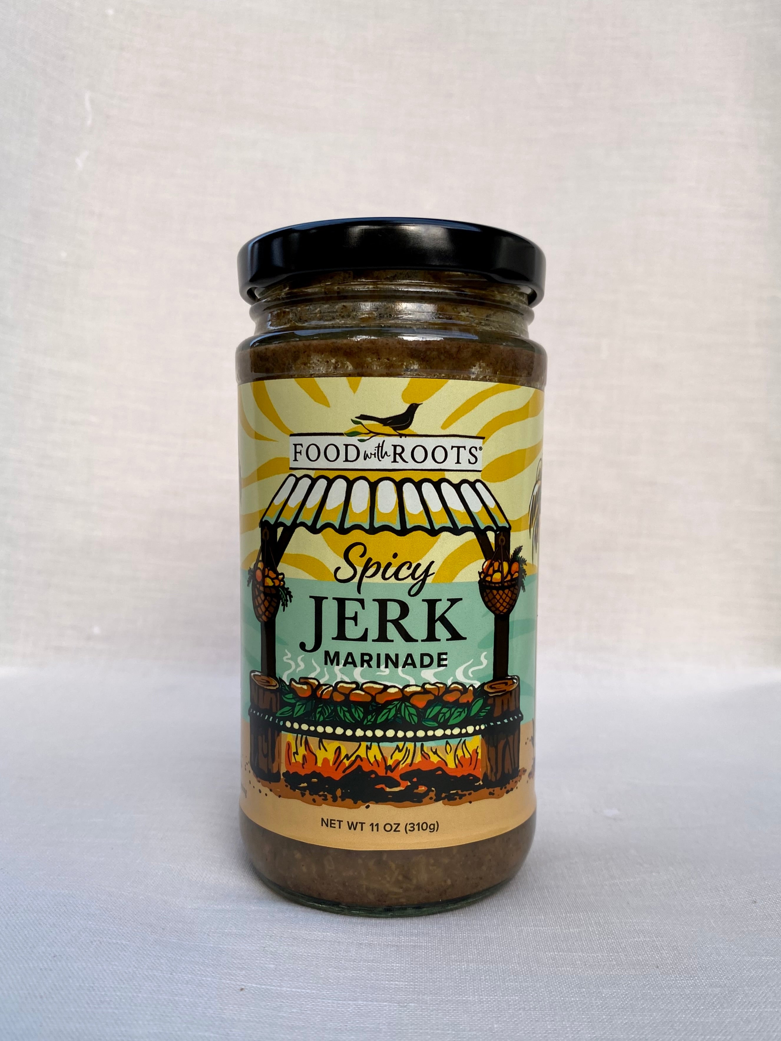 Jar of jerk marinade label with illustration of traditional Jamaican cooking over fire