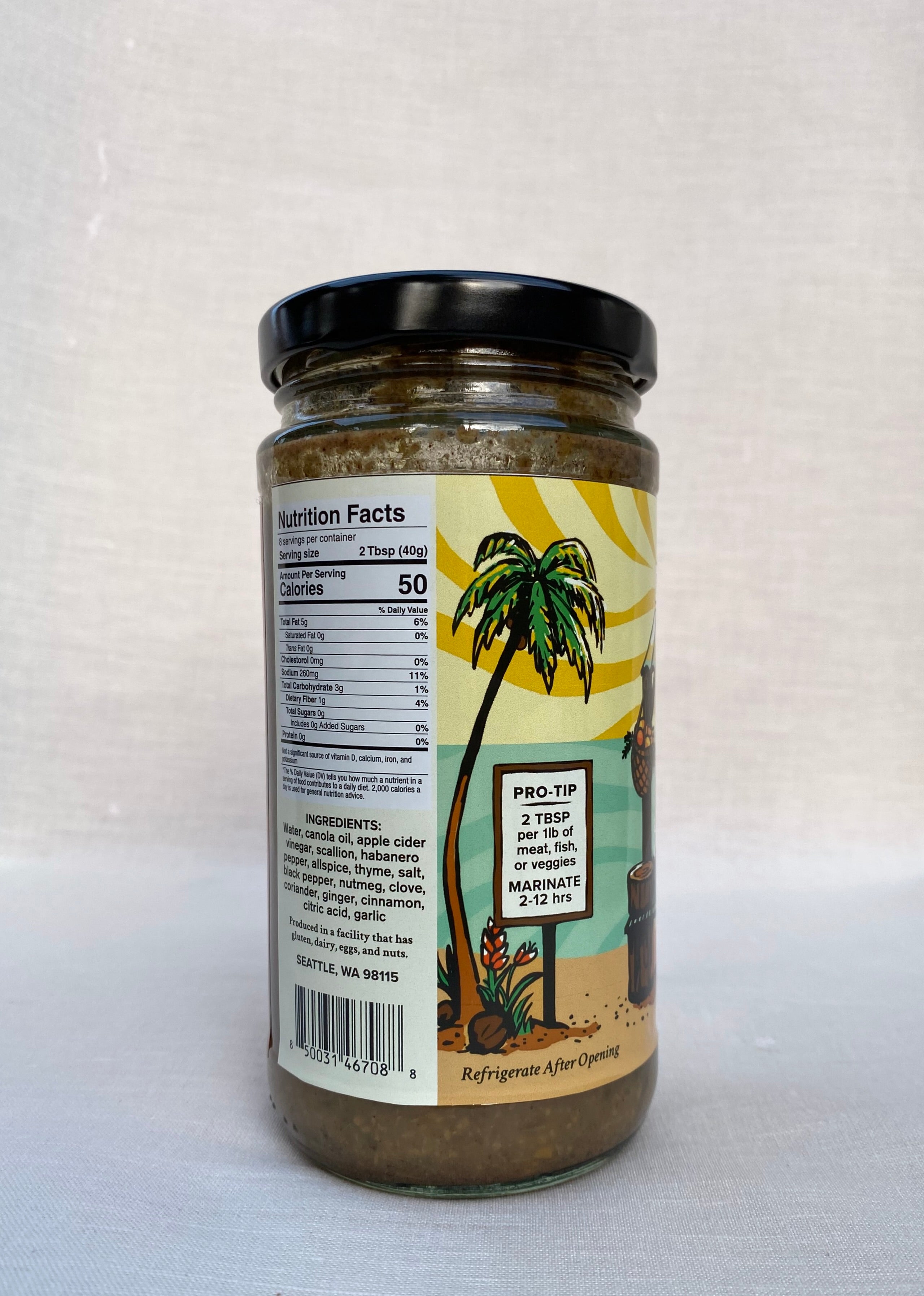 Side of jerk marinade jar with nutrition facts and ingredients