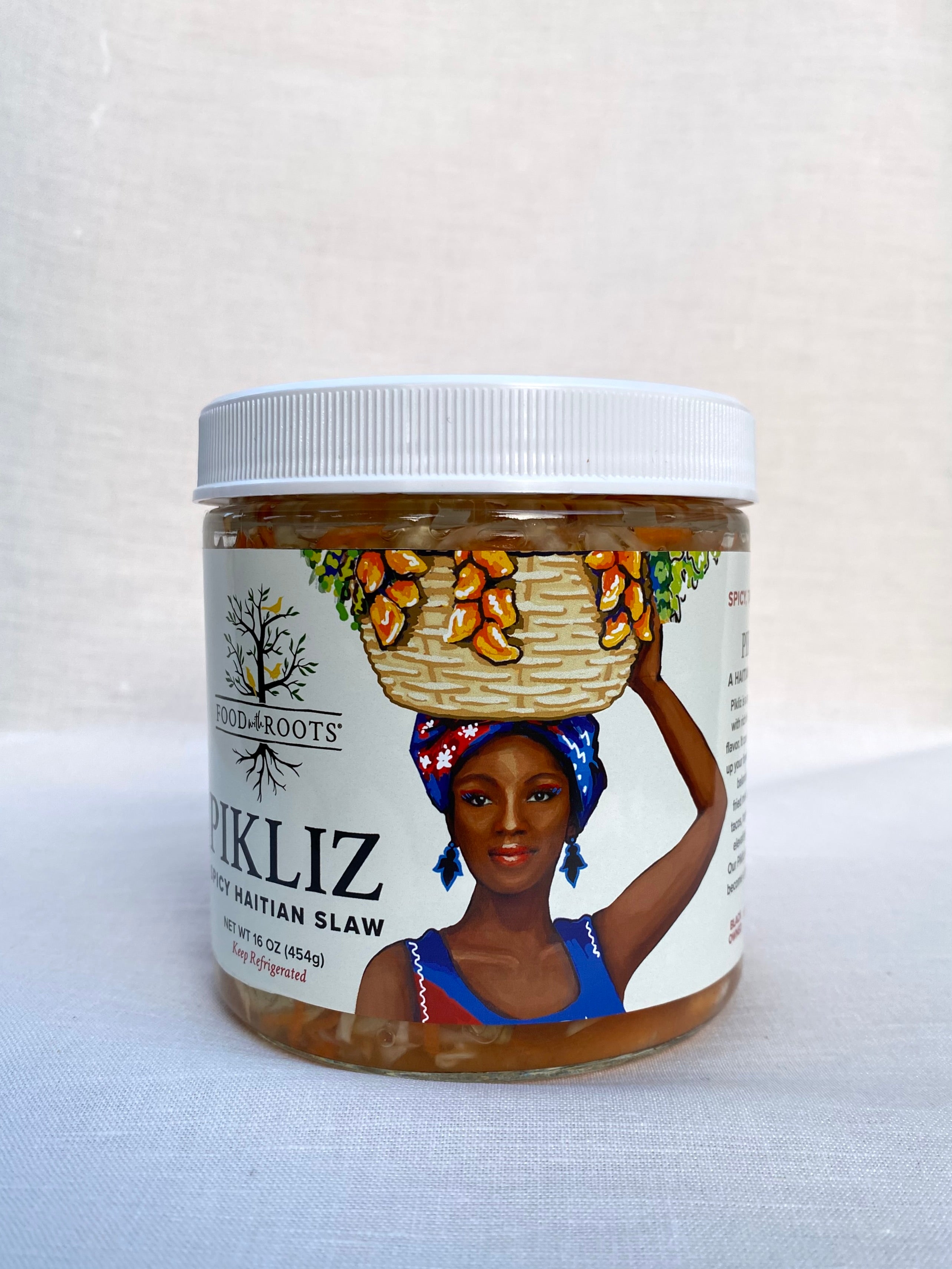 Illustrated Haitian woman with a traditional basket on her head with overflowing Pikliz ingredients