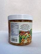 Side of pikliz jar, showing nutritional facts, ingredients, and illustration of pikliz ingredients in a basket